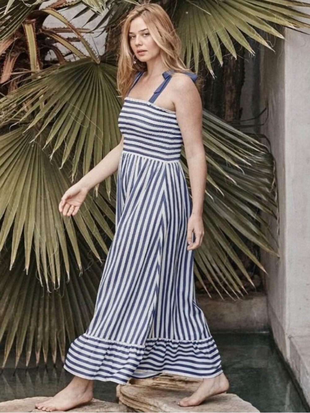 NWOT Summersalt Silky Luxe Smocked Maxi Dress - Nautical Stripe in Blue Mountain